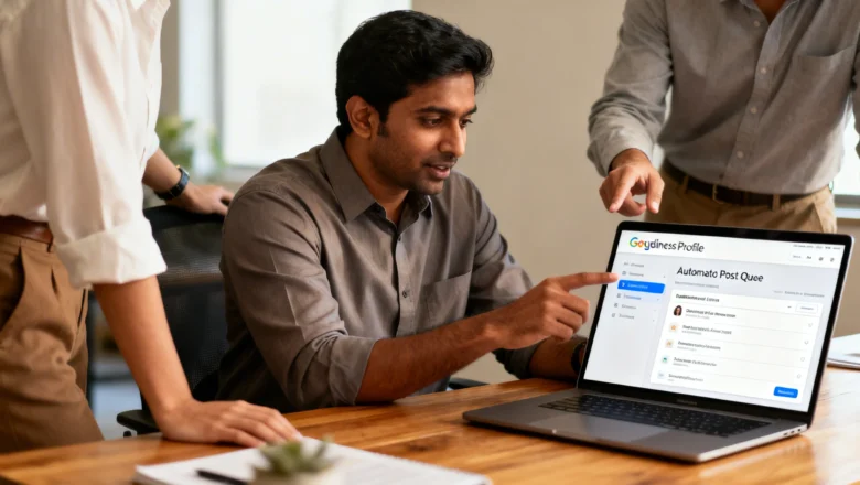 Indian business owner managing automated Google Business Profile posts
