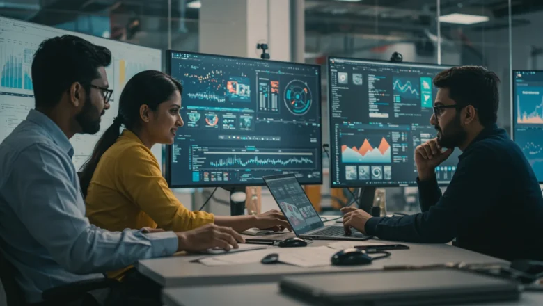 Indian digital marketing team analyzing AI advertising dashboard for conversational ads