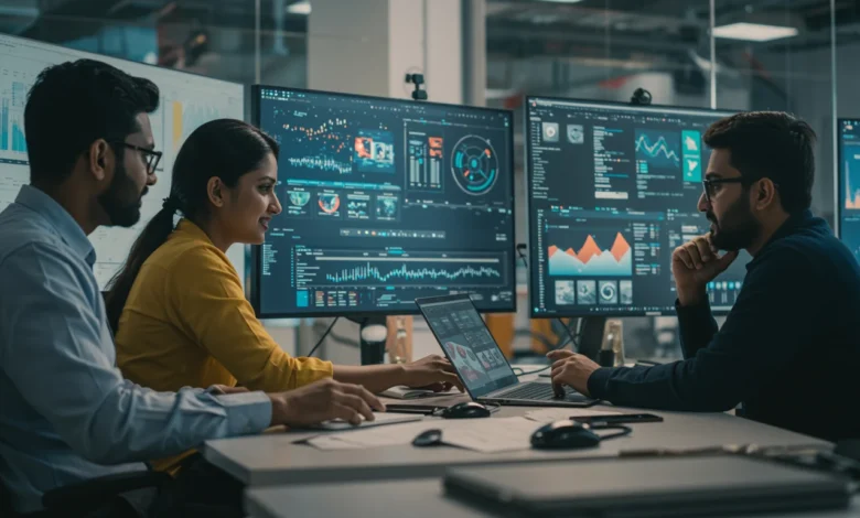 Indian digital marketing team analyzing AI advertising dashboard for conversational ads