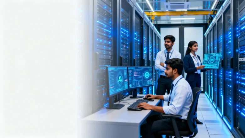 Indian AI engineers working in a Chennai data centre supporting artificial intelligence infrastructure.