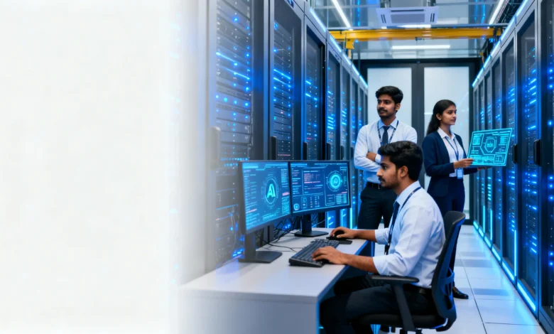 Indian AI engineers working in a Chennai data centre supporting artificial intelligence infrastructure.