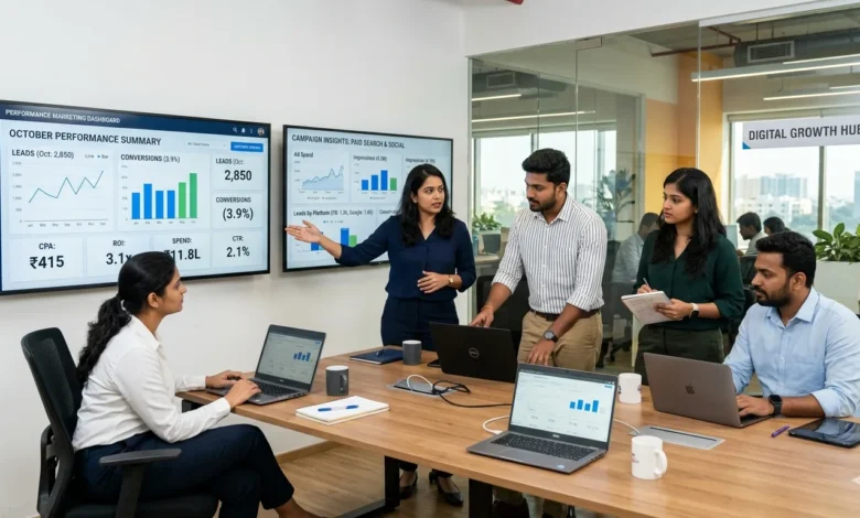 Indian digital marketing team analyzing performance marketing campaigns in Chennai
