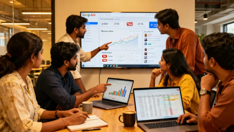 Indian creators reviewing YouTube mid-roll ad analytics