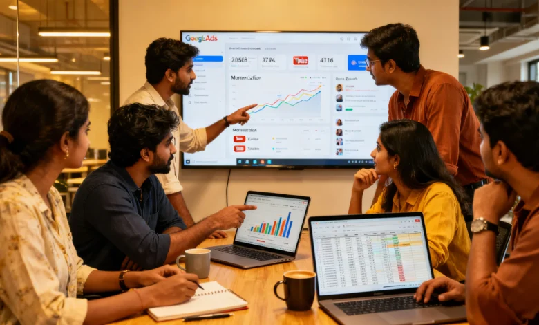 Indian creators reviewing YouTube mid-roll ad analytics