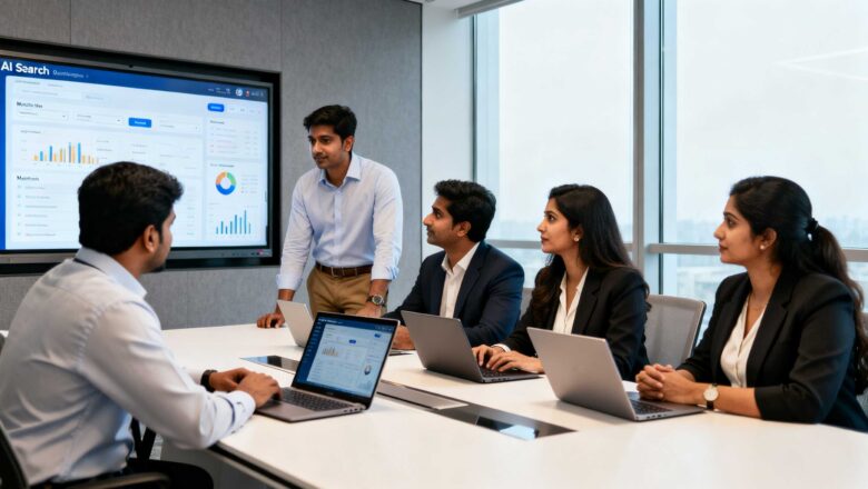 Indian marketing professionals reviewing AI search visibility dashboards and GEO performance metrics in a modern office setting