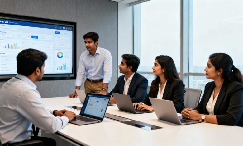 Indian marketing professionals reviewing AI search visibility dashboards and GEO performance metrics in a modern office setting