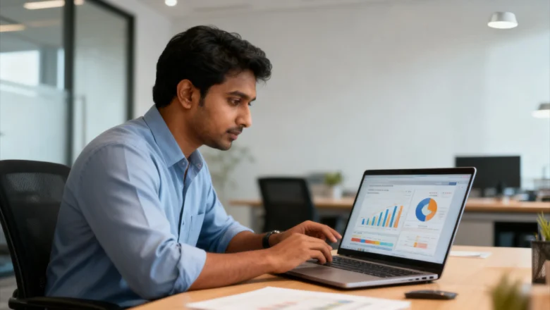 "Indian digital marketer reviewing Google Ads campaign performance data"