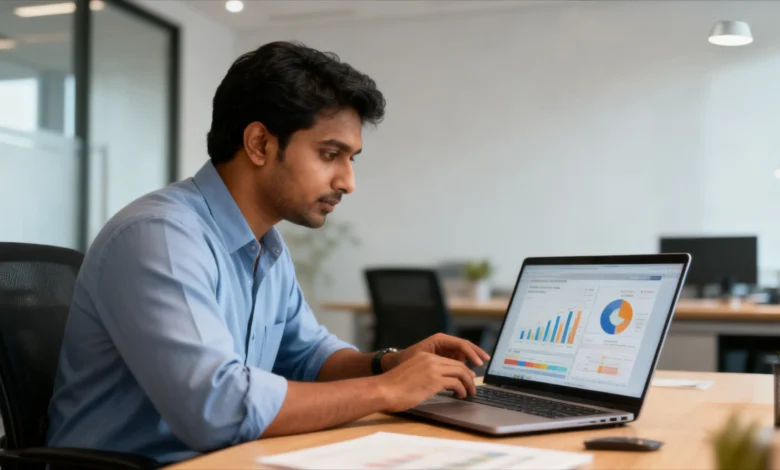 "Indian digital marketer reviewing Google Ads campaign performance data"