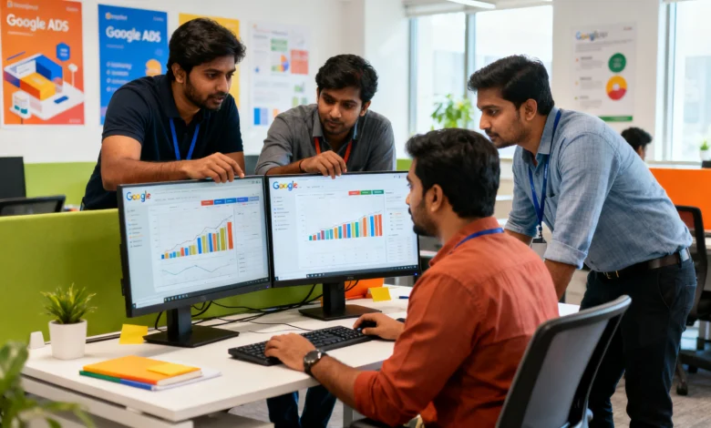 Indian marketing team analyzing Google Ads Scheduling and budget pacing