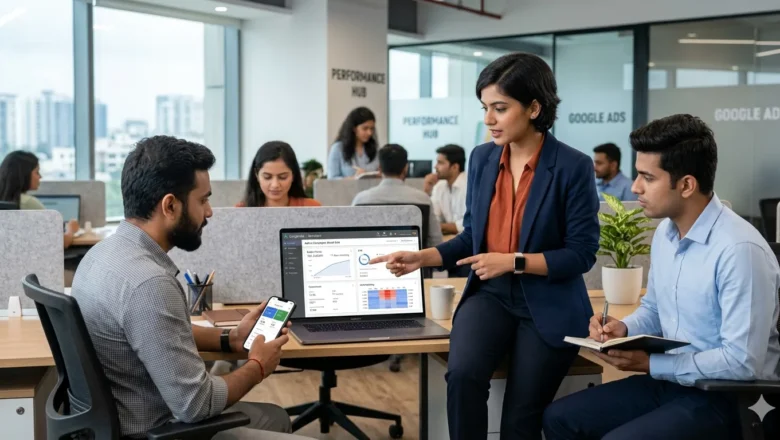 Indian digital marketing team analyzing Google Ads budget pacing and ad scheduling performance