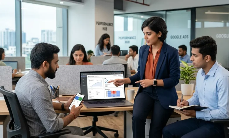 Indian digital marketing team analyzing Google Ads budget pacing and ad scheduling performance