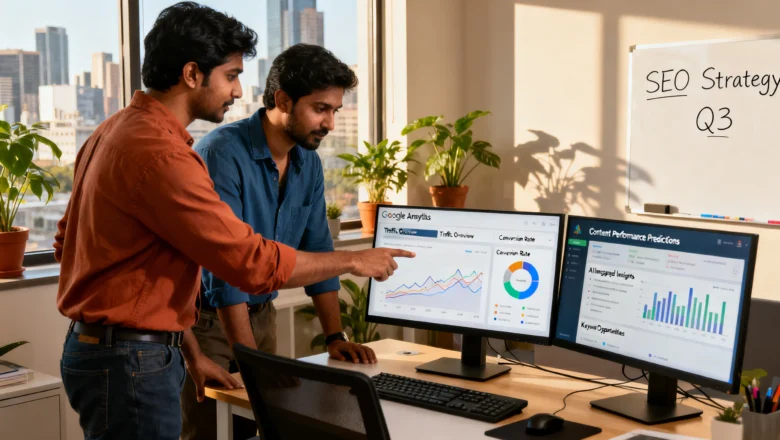 Indian SEO professionals reviewing Google AI search results and analytics