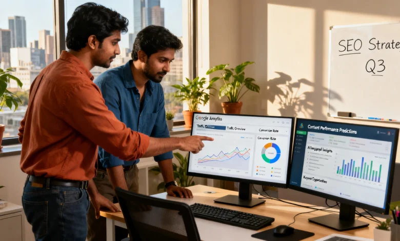 Indian SEO professionals reviewing Google AI search results and analytics