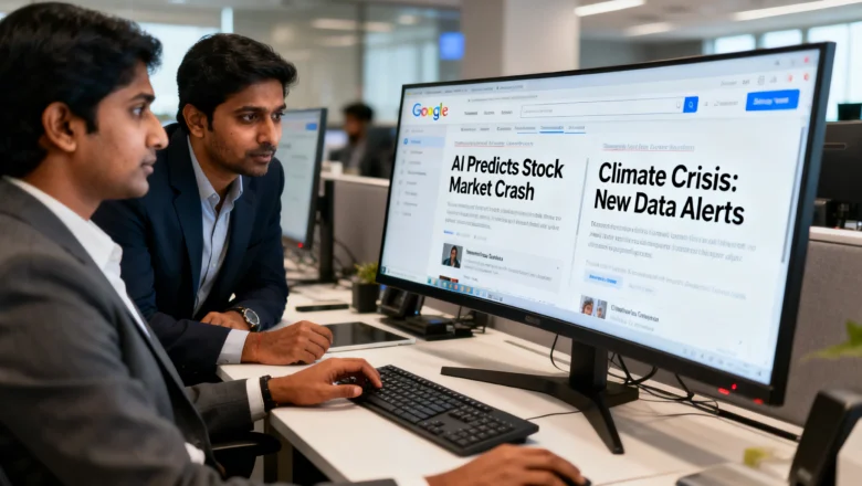 Indian newsroom team analyzing Google AI title rewrite test in search results.