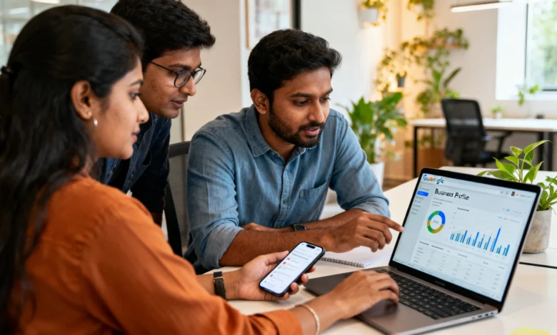 Indian professionals analyzing Google Business Profile posts for local SEO growth