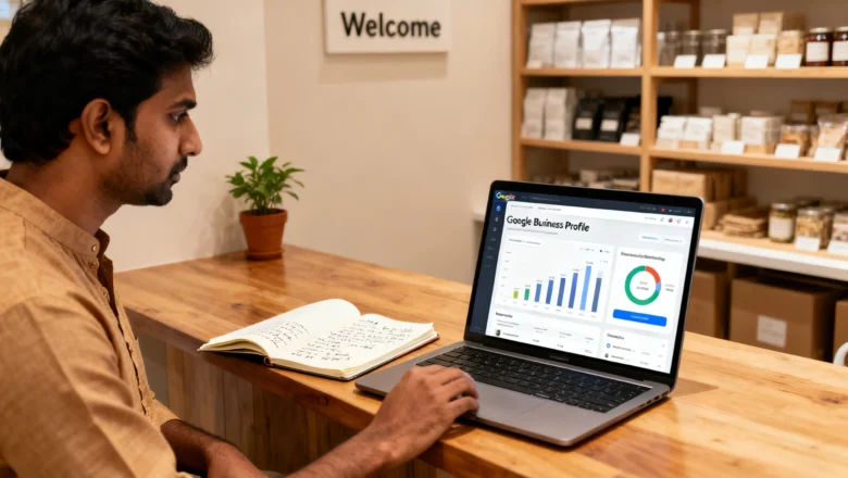 Indian business owner checking Google Business Profile performance