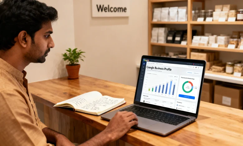 Indian business owner checking Google Business Profile performance