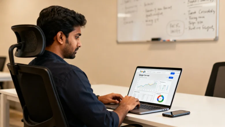 Indian digital marketing analyst reviewing Google Discover traffic analytics and EEAT content strategy