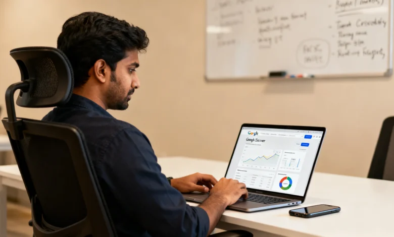 Indian digital marketing analyst reviewing Google Discover traffic analytics and EEAT content strategy