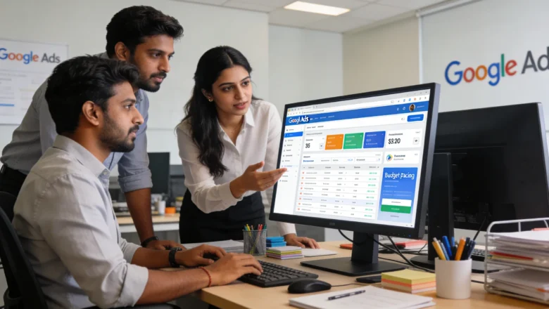 Indian marketing professionals reviewing Google Ads budget pacing update on office dashboard