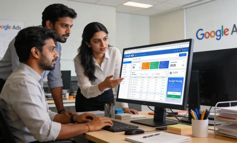 Indian marketing professionals reviewing Google Ads budget pacing update on office dashboard