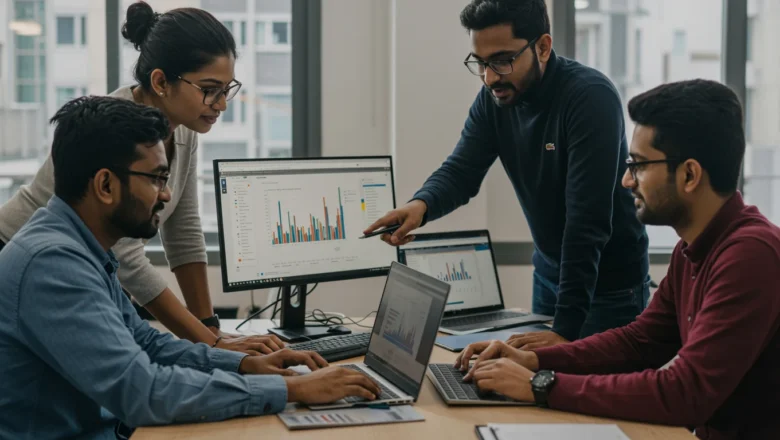 Indian SEO analysts reviewing Google Search Console dashboard