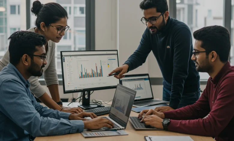 Indian SEO analysts reviewing Google Search Console dashboard