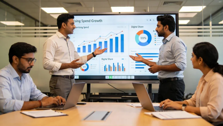 Indian marketing team analyzing India AdEx growth and digital share projections