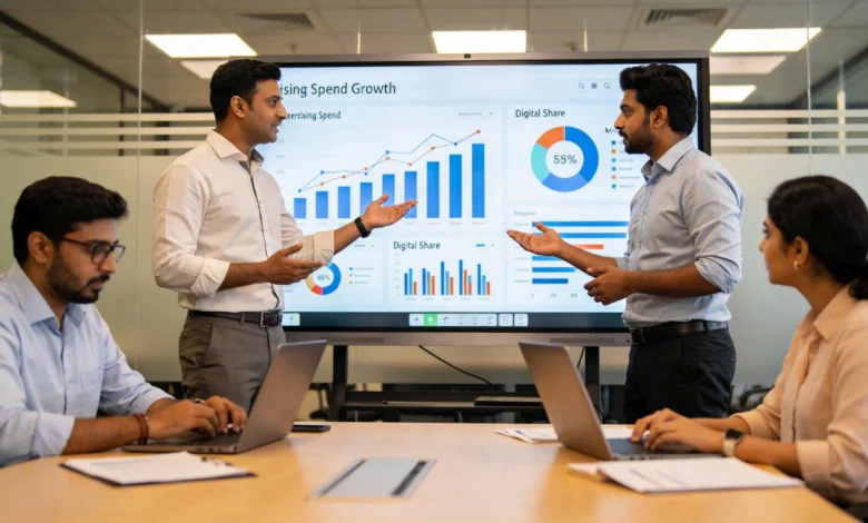 Indian marketing team analyzing India AdEx growth and digital share projections