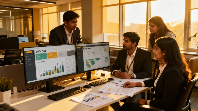 Chennai SEO agency team analyzing traffic dips and ranking volatility