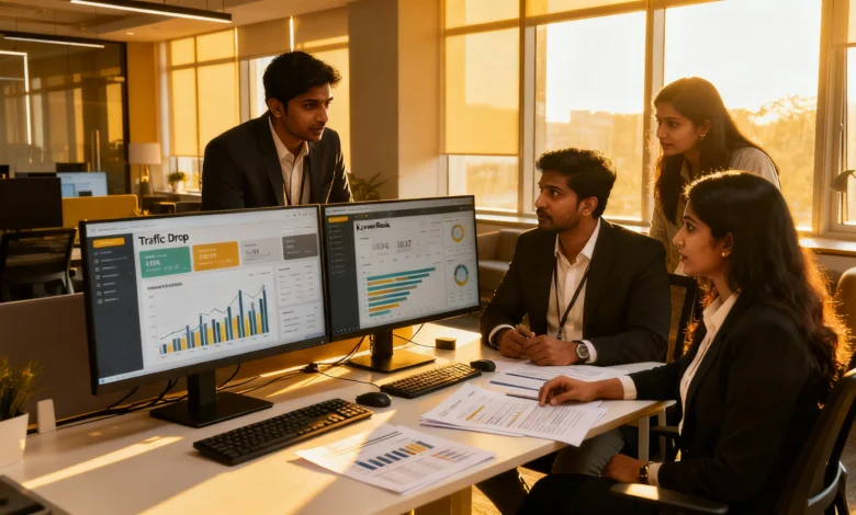 Chennai SEO agency team analyzing traffic dips and ranking volatility