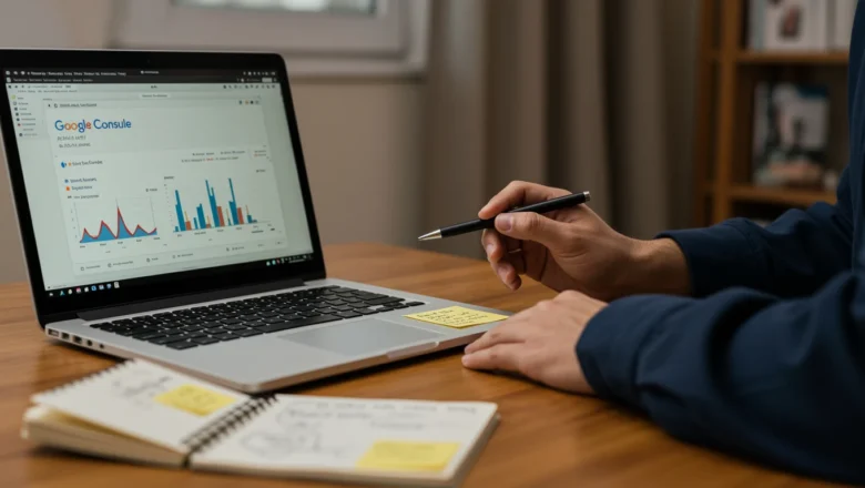 Indian digital marketer analyzing SEO performance metrics on Google Analytics and Search Console.