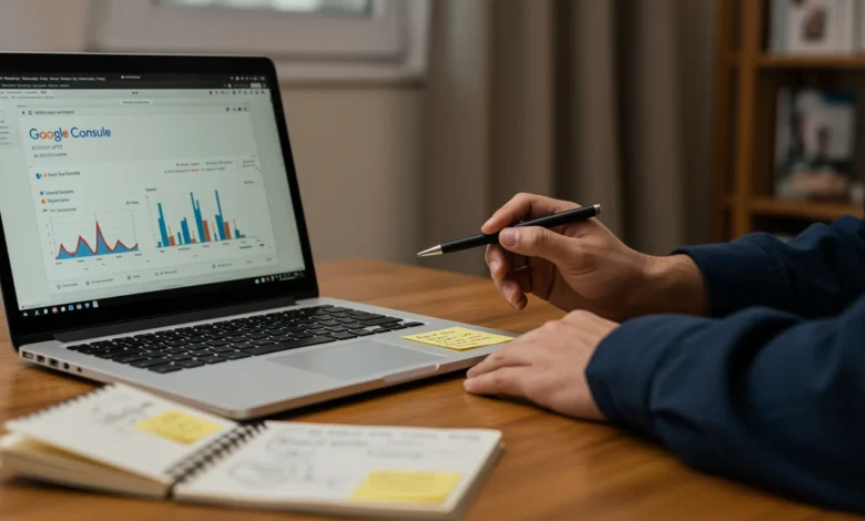 Indian digital marketer analyzing SEO performance metrics on Google Analytics and Search Console.