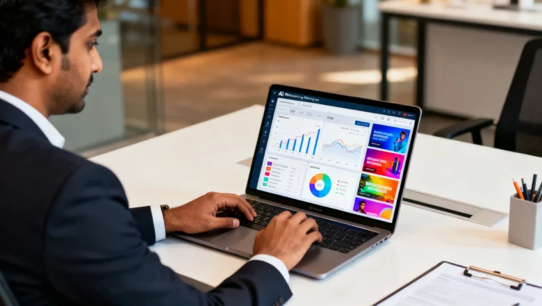 Indian professional working on AI-driven marketing campaigns at a modern office, optimizing ads with Google’s AI tools.