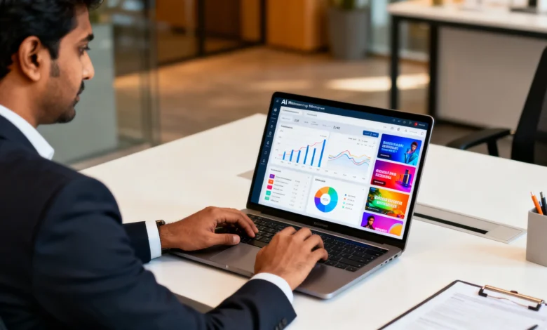 Indian professional working on AI-driven marketing campaigns at a modern office, optimizing ads with Google’s AI tools.