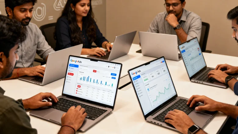 Indian marketers reviewing Google Ads campaigns with YouTube, Gmail, and Google Display Network on their laptops.