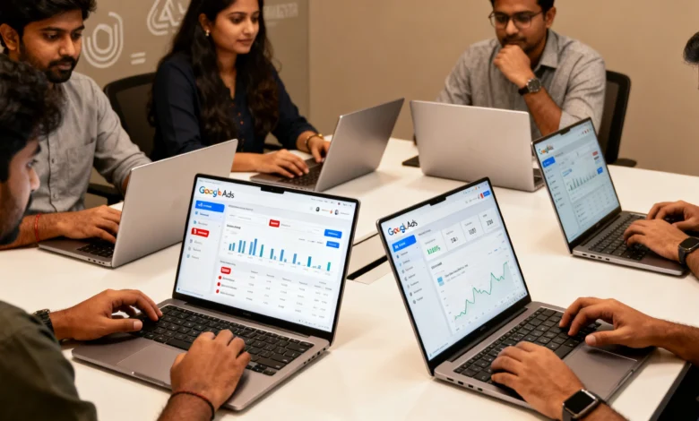Indian marketers reviewing Google Ads campaigns with YouTube, Gmail, and Google Display Network on their laptops.