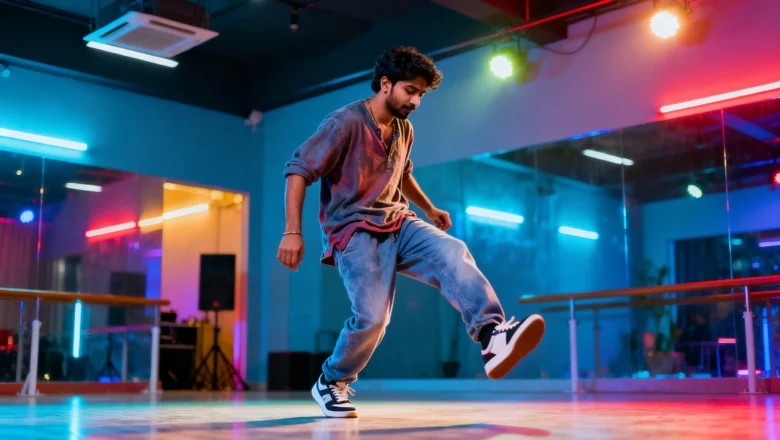 Indian professional performing shuffle dance on Instagram Reels, matching footwork with EDM music.
