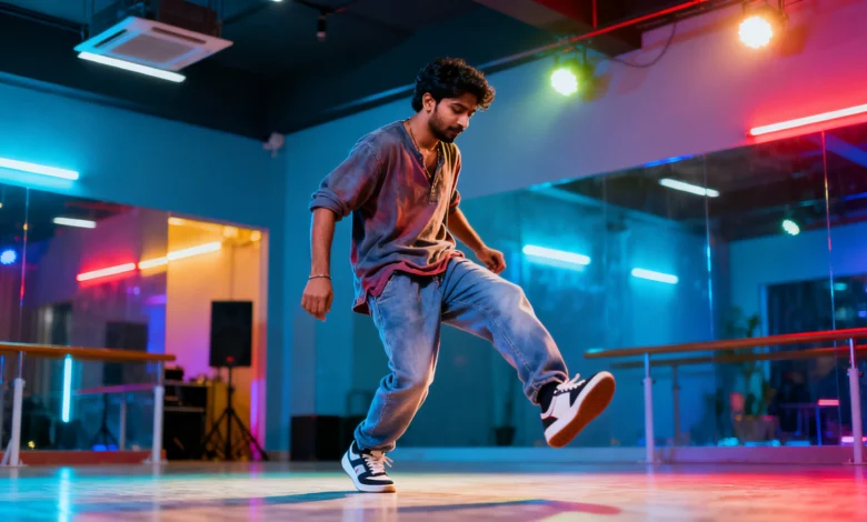 Indian professional performing shuffle dance on Instagram Reels, matching footwork with EDM music.