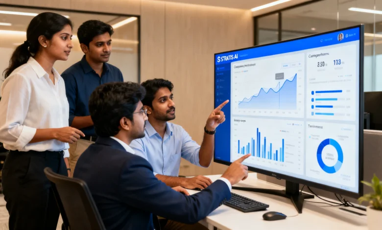 "Indian professionals managing STRATIS AI marketing campaigns, focusing on budget reallocations and bid adjustments."