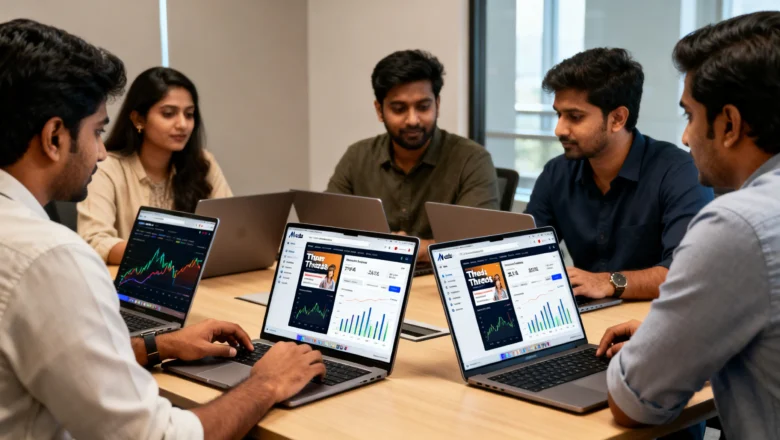 "Indian professionals managing Threads ads with Ads Manager, focusing on carousel and Advantage+ formats."