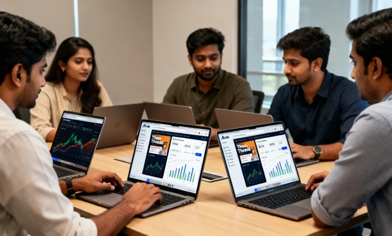 "Indian professionals managing Threads ads with Ads Manager, focusing on carousel and Advantage+ formats."