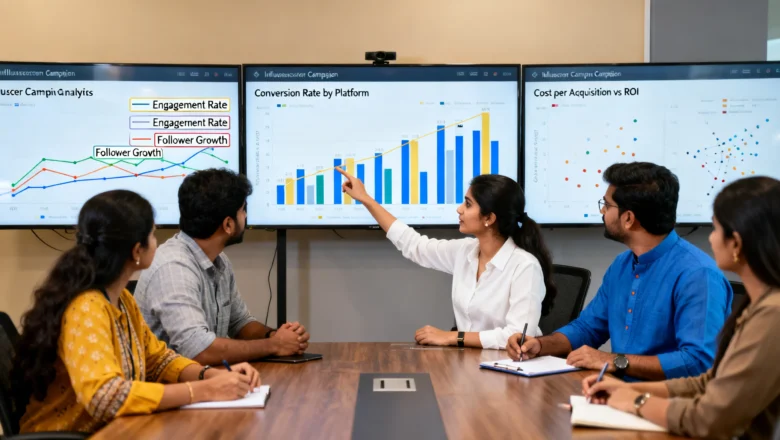 Marketing professionals analyzing influencer campaign performance data.