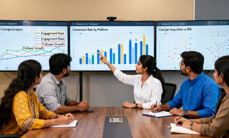 Marketing professionals analyzing influencer campaign performance data.
