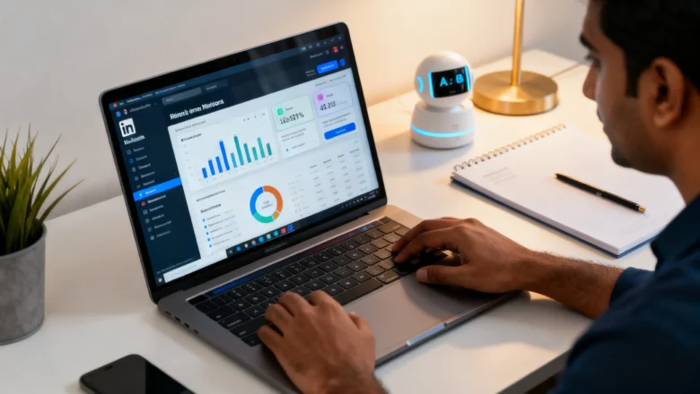 Indian professional optimizing LinkedIn profile with AI-driven content tools.
