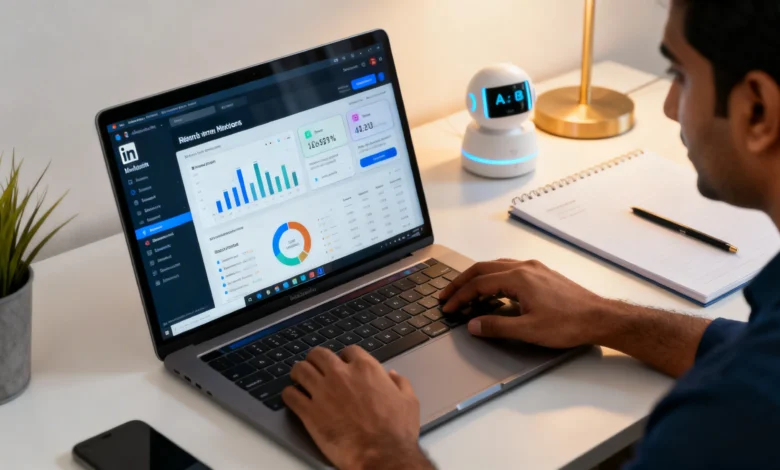 Indian professional optimizing LinkedIn profile with AI-driven content tools.