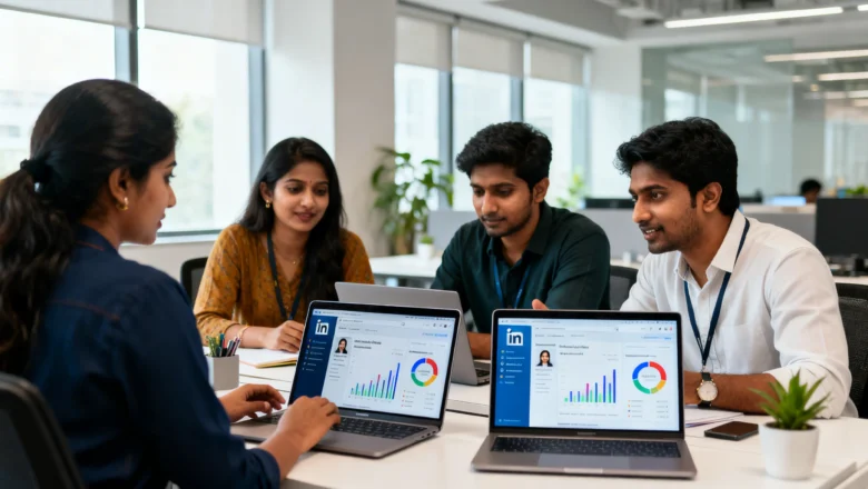 Indian marketing team analyzing LinkedIn activity data for B2B lead generation strategy