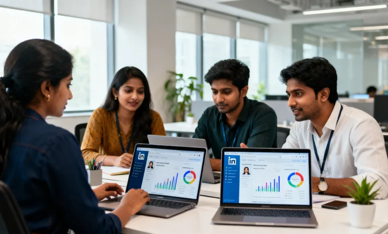 Indian marketing team analyzing LinkedIn activity data for B2B lead generation strategy