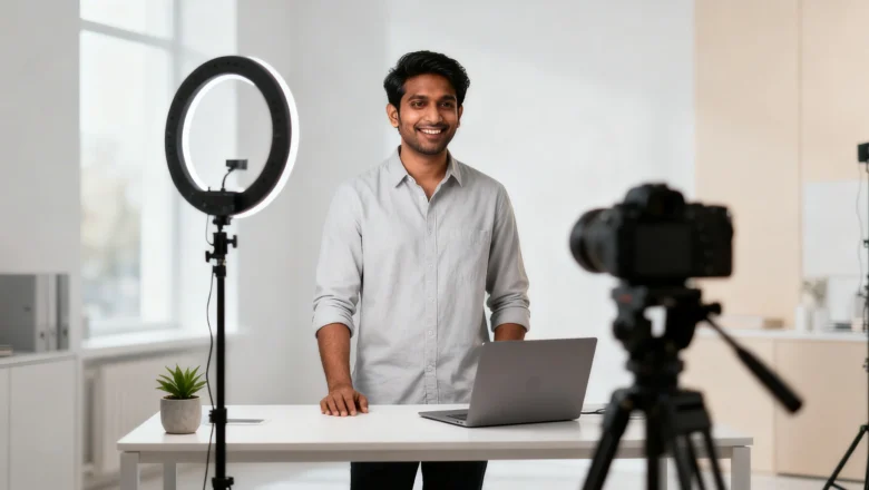 “Indian content creator shooting professional video content for LinkedIn BrandLink.”