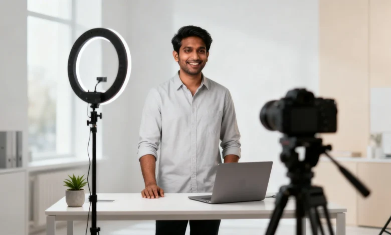 “Indian content creator shooting professional video content for LinkedIn BrandLink.”